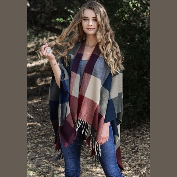 Sweaters | Boho Plaid Fringe Ruana Poncho Wrap Red Navy | Poshmark